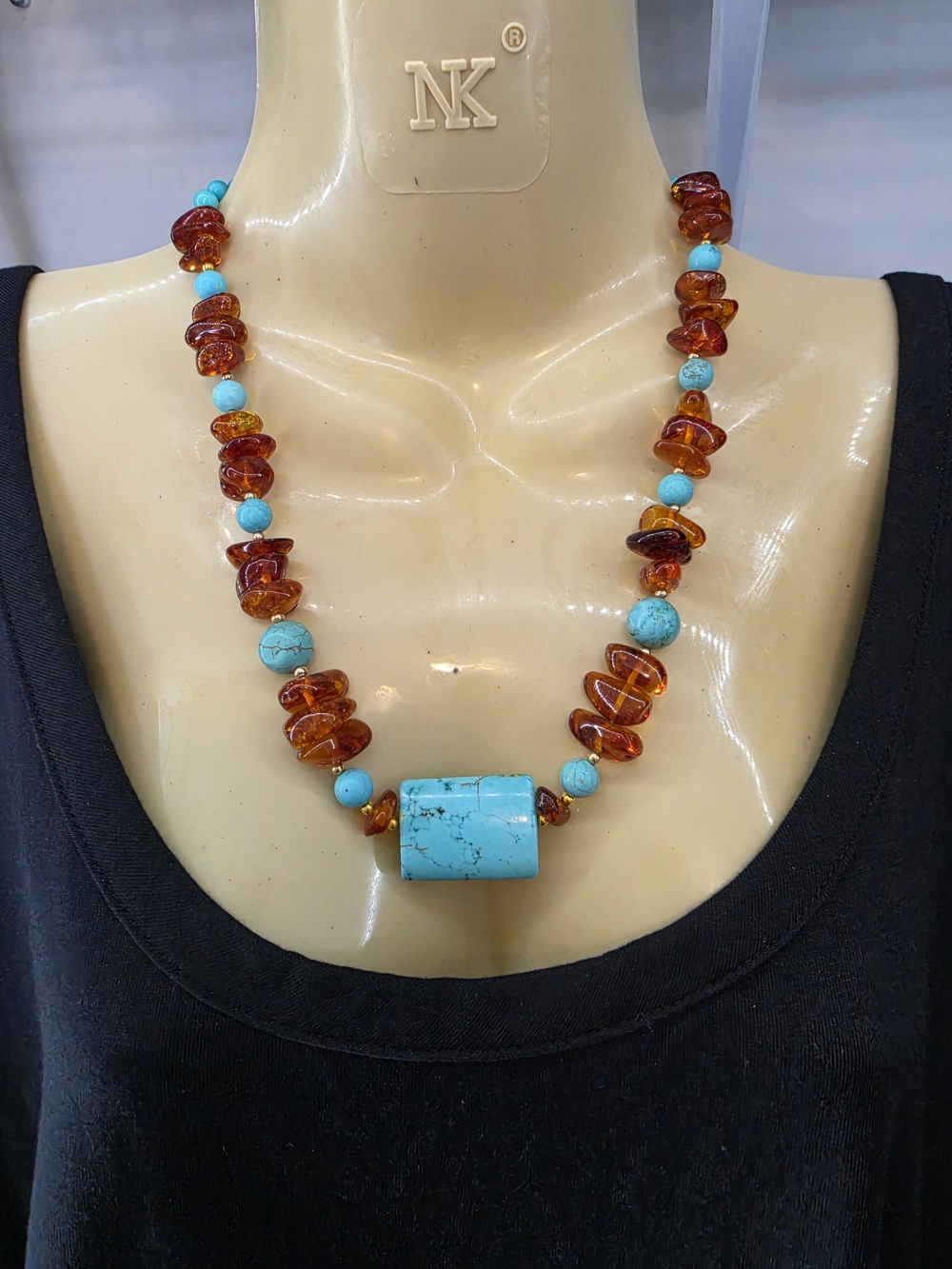 GENUINE BALTIC AMBER & TURQUOISE NECKLACE 20" HONEY COGNAC STATEMENT